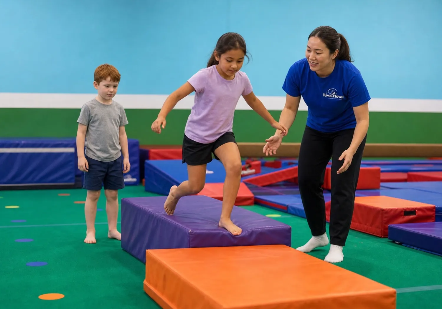 TumbleTown coach encouraging two children through a padded obstacle course