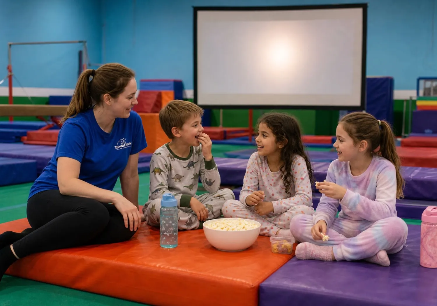 Three children in pajamas sharing a movie-night snack with a TumbleTown coach