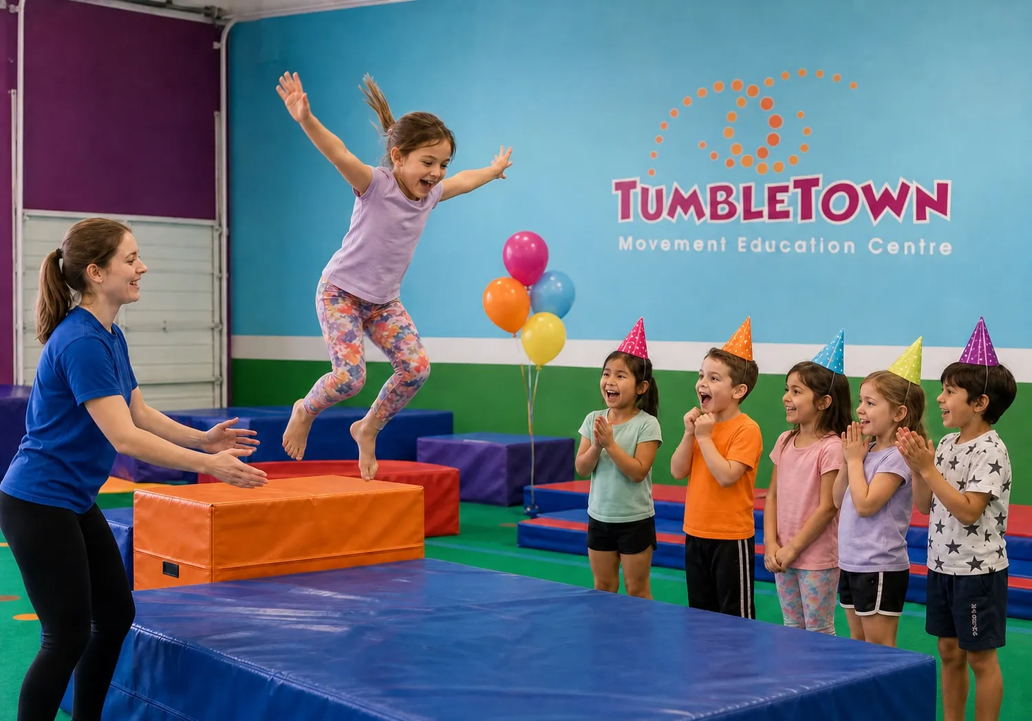 Birthday child jumping onto a padded mat while friends cheer inside a branded TumbleTown gym