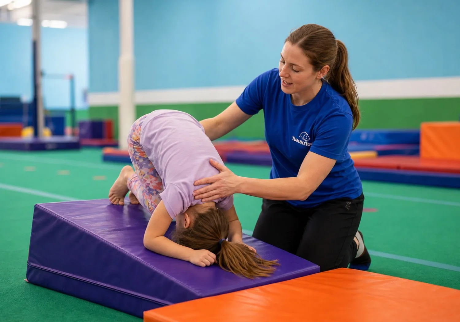 TumbleTown coach spotting a child during a private forward-roll lesson