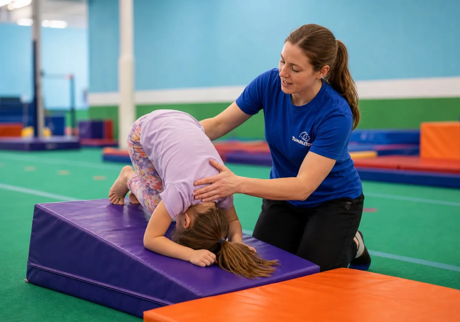 TumbleTown coach spotting a child during a private forward-roll lesson
