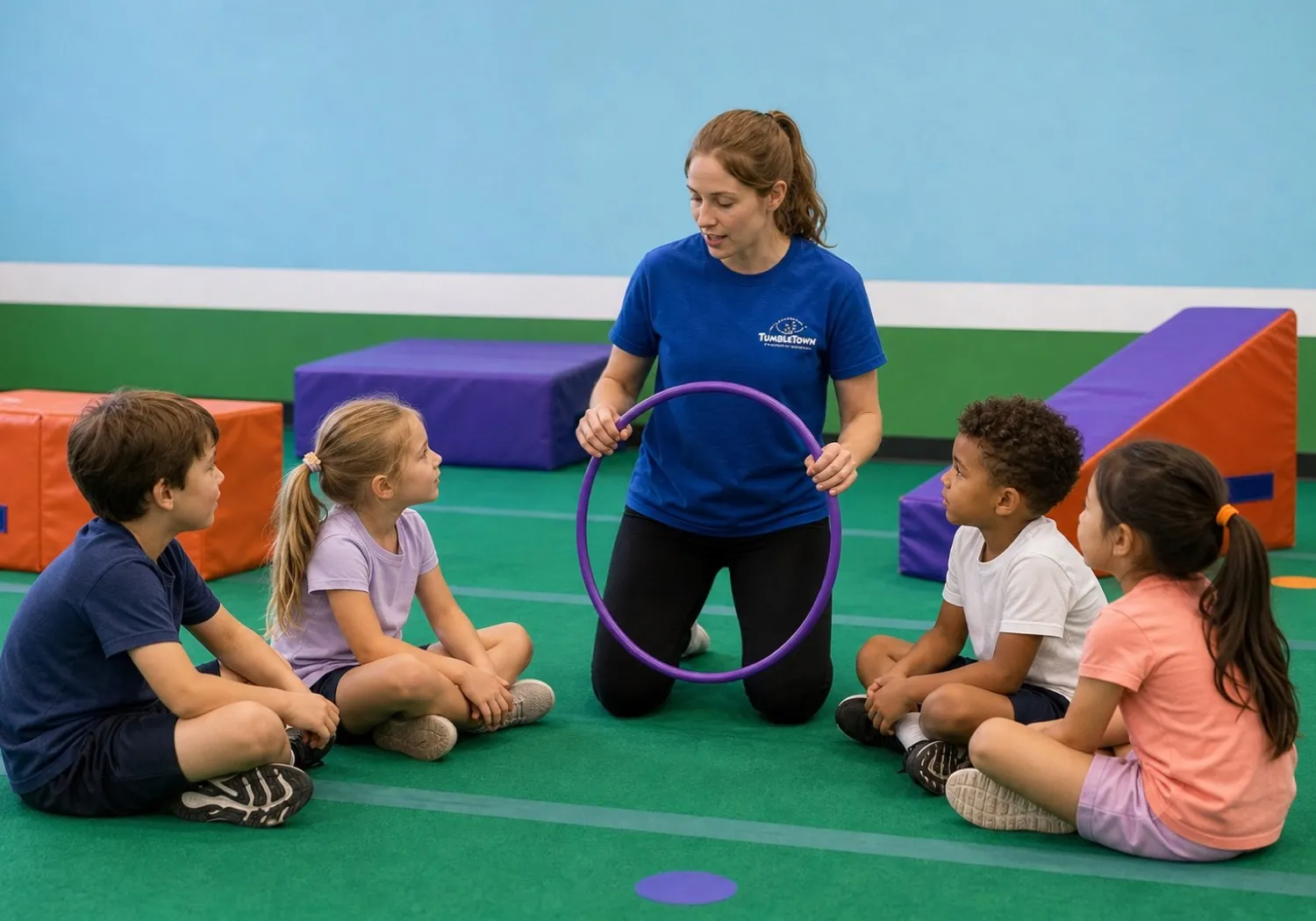 TumbleTown coach demonstrating a hoop activity to four school-group children
